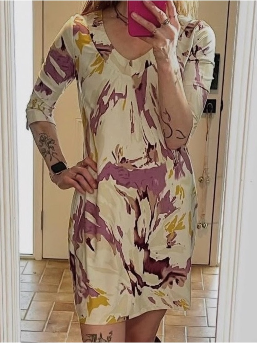 Abstract Print Cream & Purple V-Neck Women’s Dress